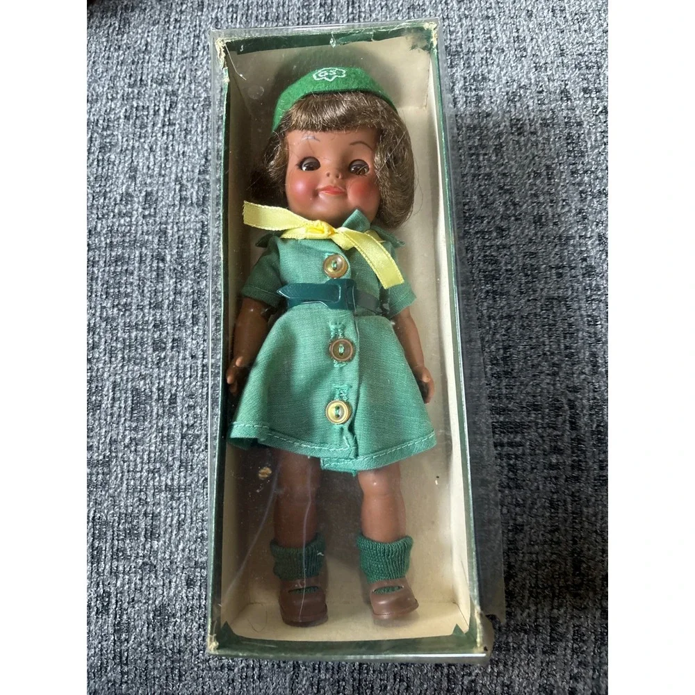 Vintage 1965 Effanbee Girl Scout Doll 8.5 Inch Green Uniform Original Box 1960s